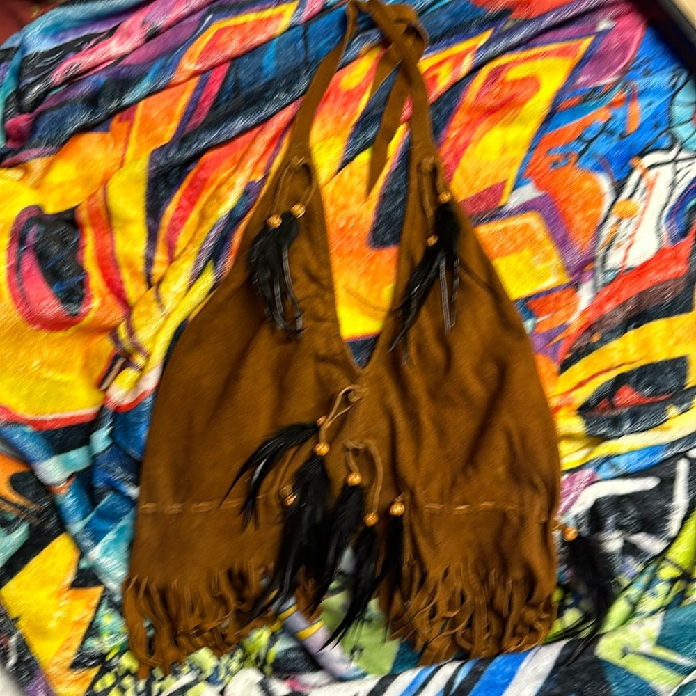 Suede halter top with fringe and feathered beads